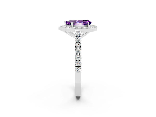 Platinum Pear Cut Amethyst Halo Ring with Round Pavé Split Shank and Prong Setting