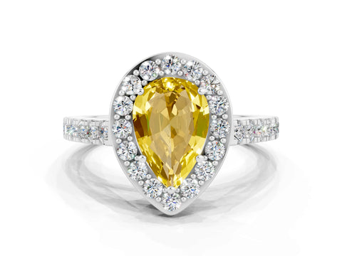 White gold Pear Cut Halo Diamond Ring with Pavé Band and Three-Prong Setting