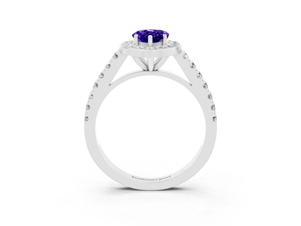Silver Pear Cut Tanzanite Halo Ring with Round Pavé Split Shank and Prong Setting
