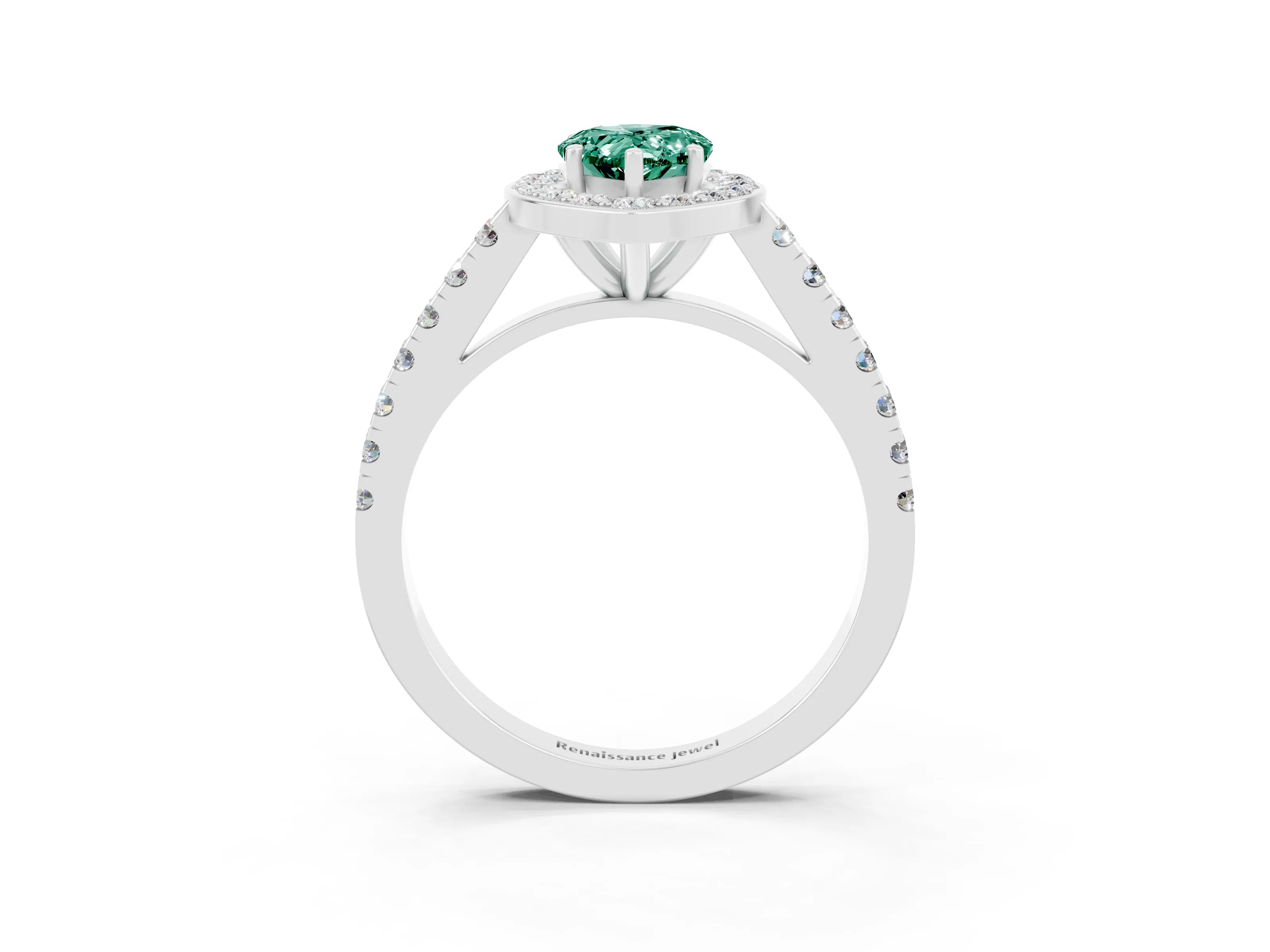 White gold Pear Cut Halo Diamond Ring with Pavé Band and Three-Prong Setting_3