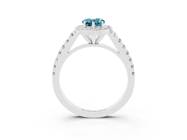 Silver Pear Cut Halo Diamond Ring with Pavé Band and Three-Prong Setting