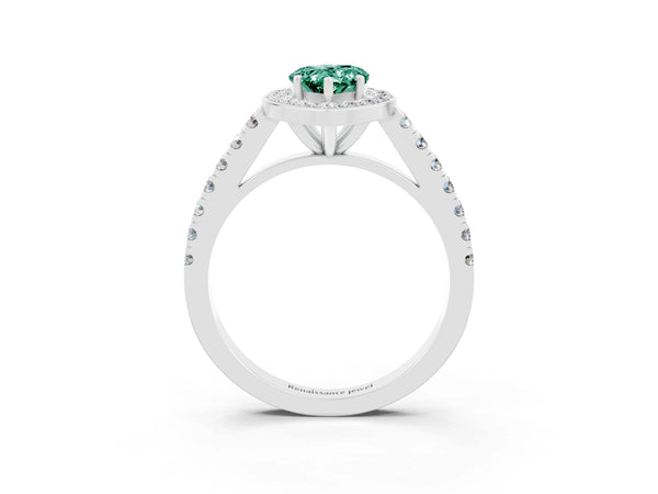 Silver Pear Cut Green Sapphire Halo Ring with Round Pavé Split Shank and Prong Setting