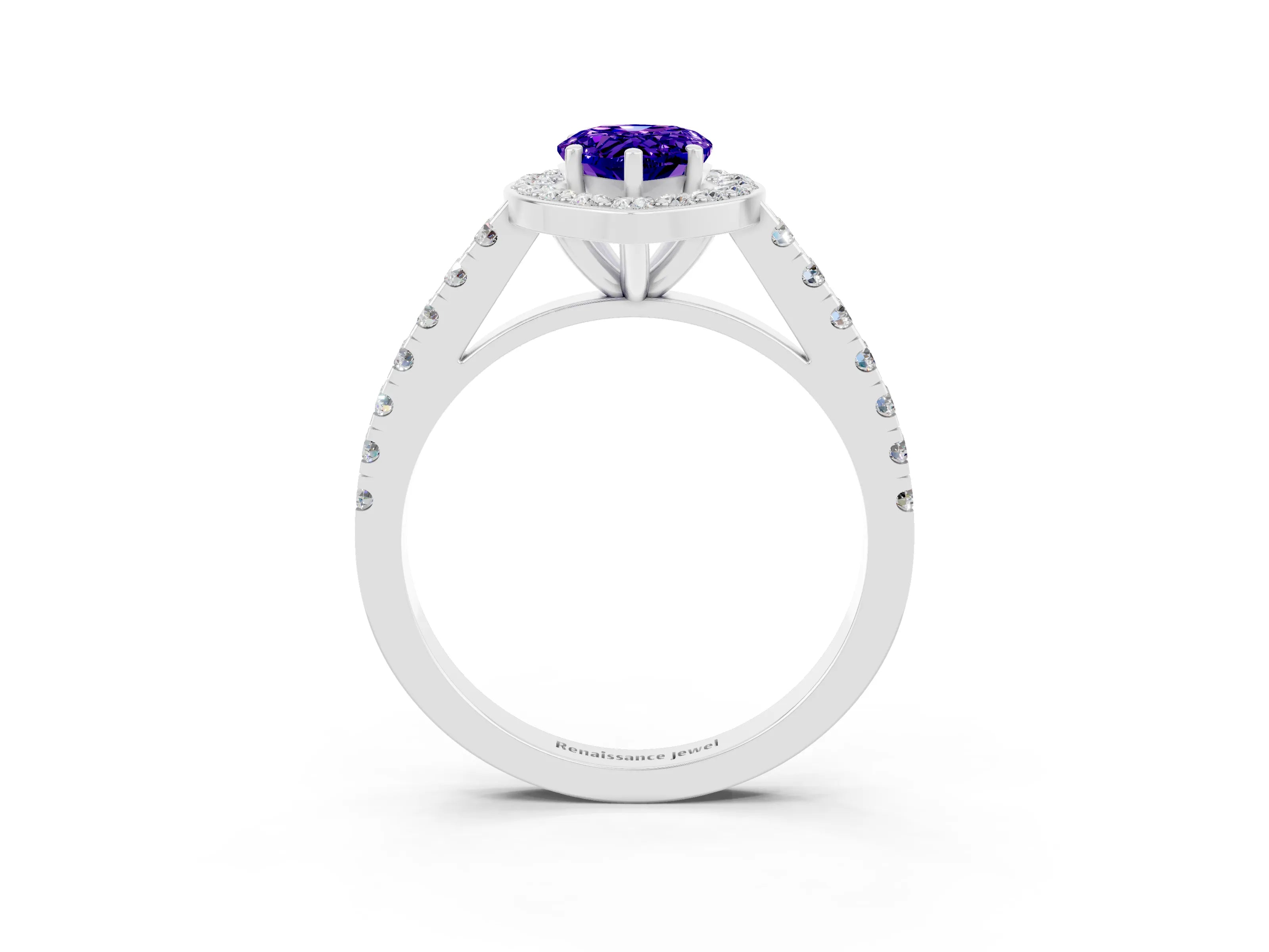 White gold Pear Cut Halo Diamond Ring with Pavé Band and Three-Prong Setting_3