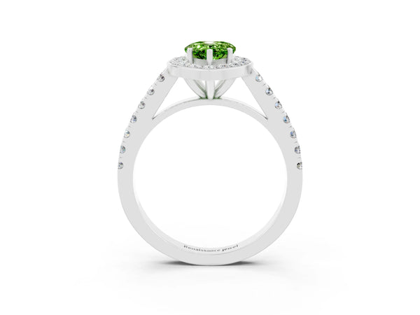 White gold Pear Cut Halo Diamond Ring with Pavé Band and Three-Prong Setting