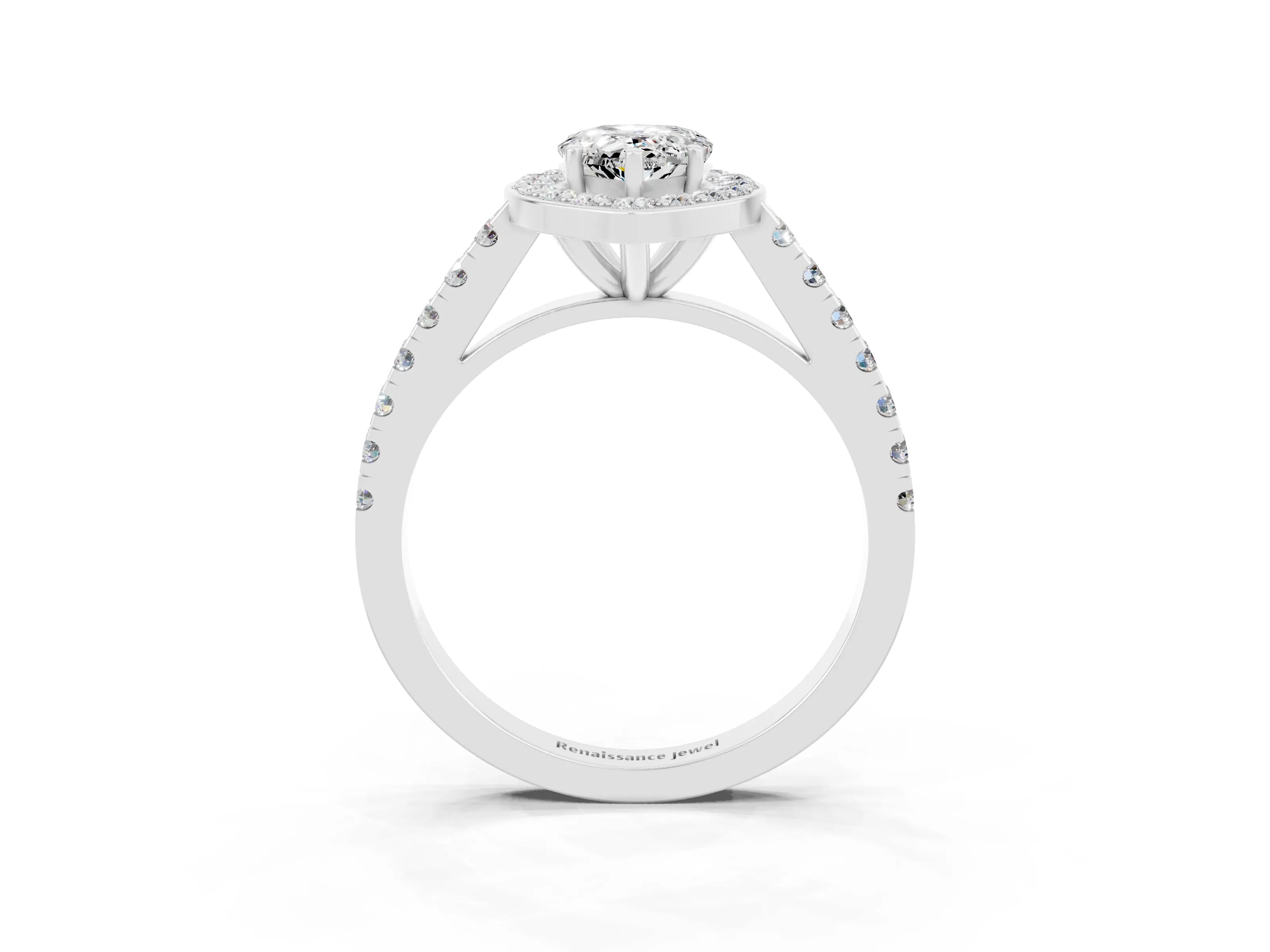 White gold Pear Cut Halo Diamond Ring with Pavé Band and Three-Prong Setting_3