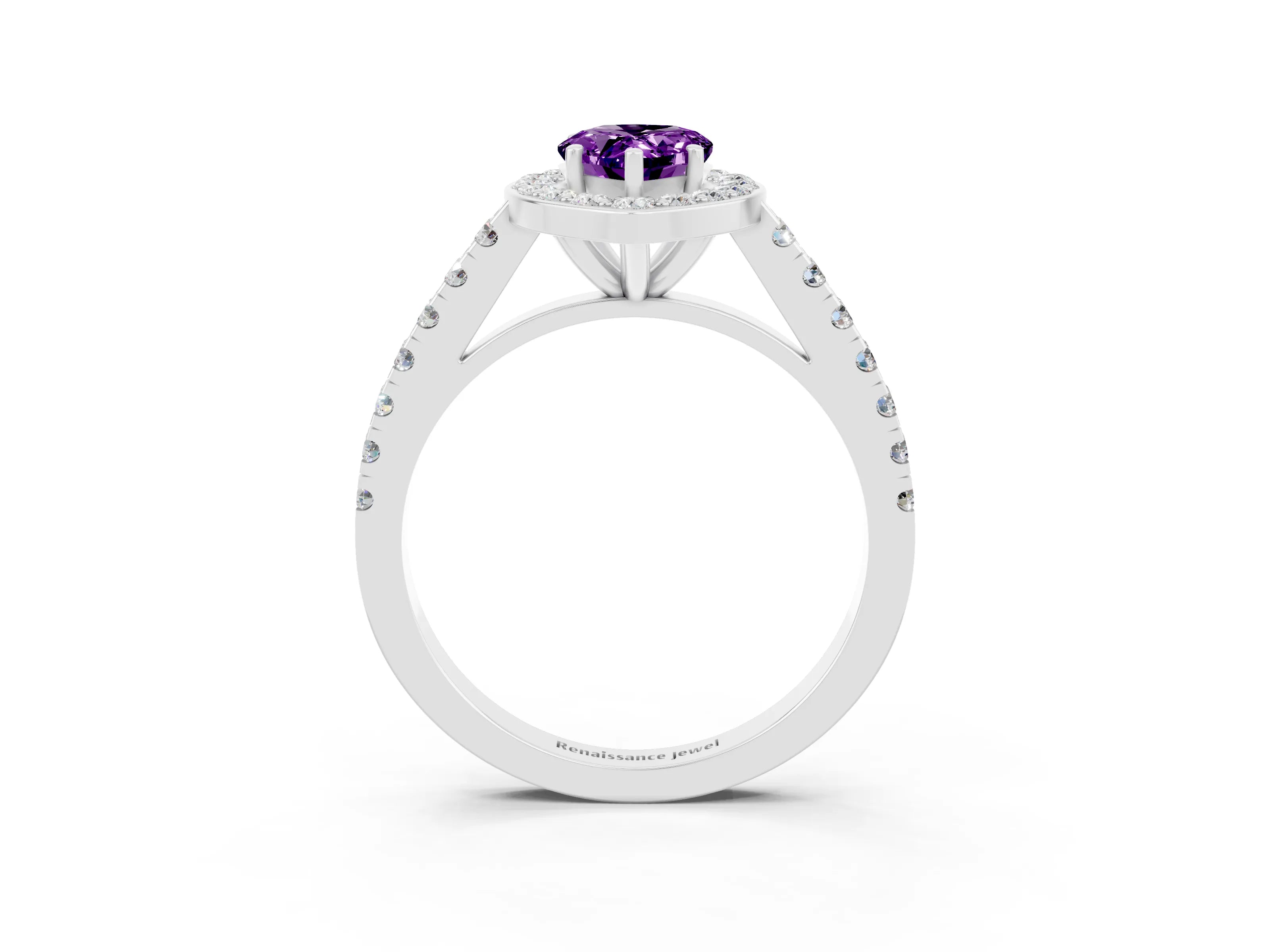White gold Pear Cut Halo Diamond Ring with Pavé Band and Three-Prong Setting_3