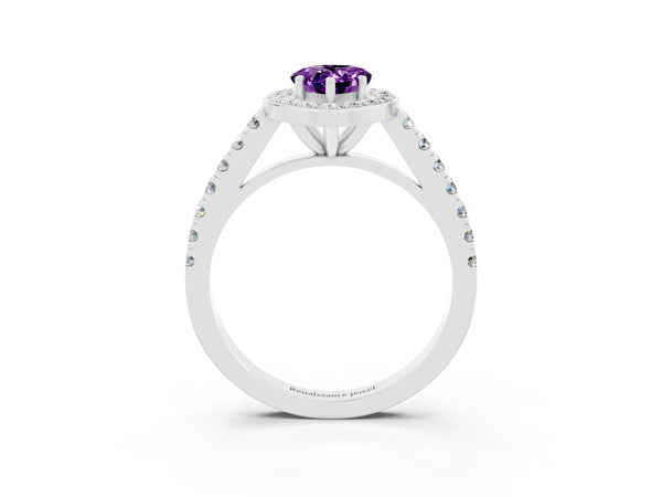 Silver Pear Cut Amethyst Halo Ring with Round Pavé Split Shank and Prong Setting