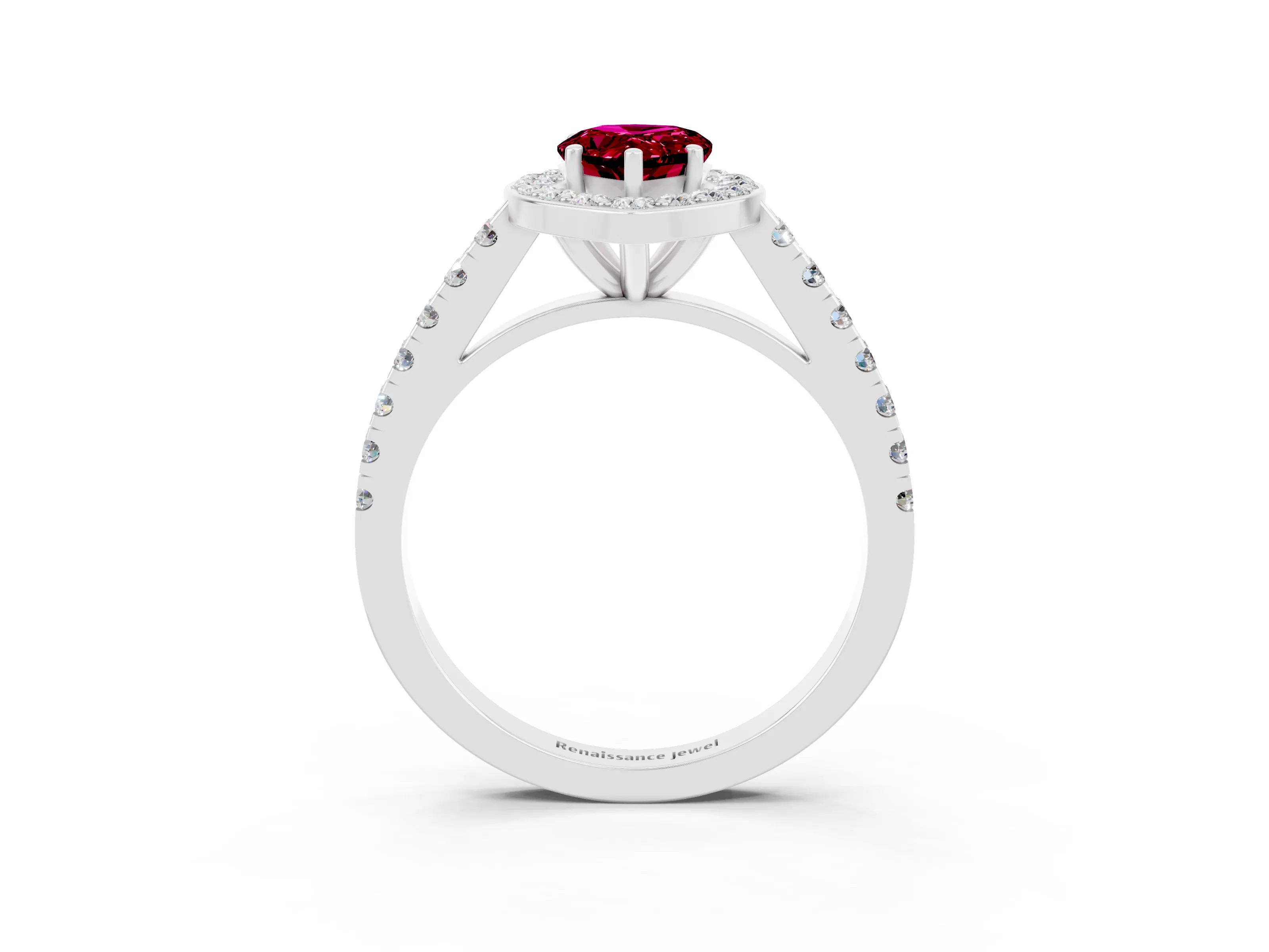 White gold Pear Cut Halo Diamond Ring with Pavé Band and Three-Prong Setting_3