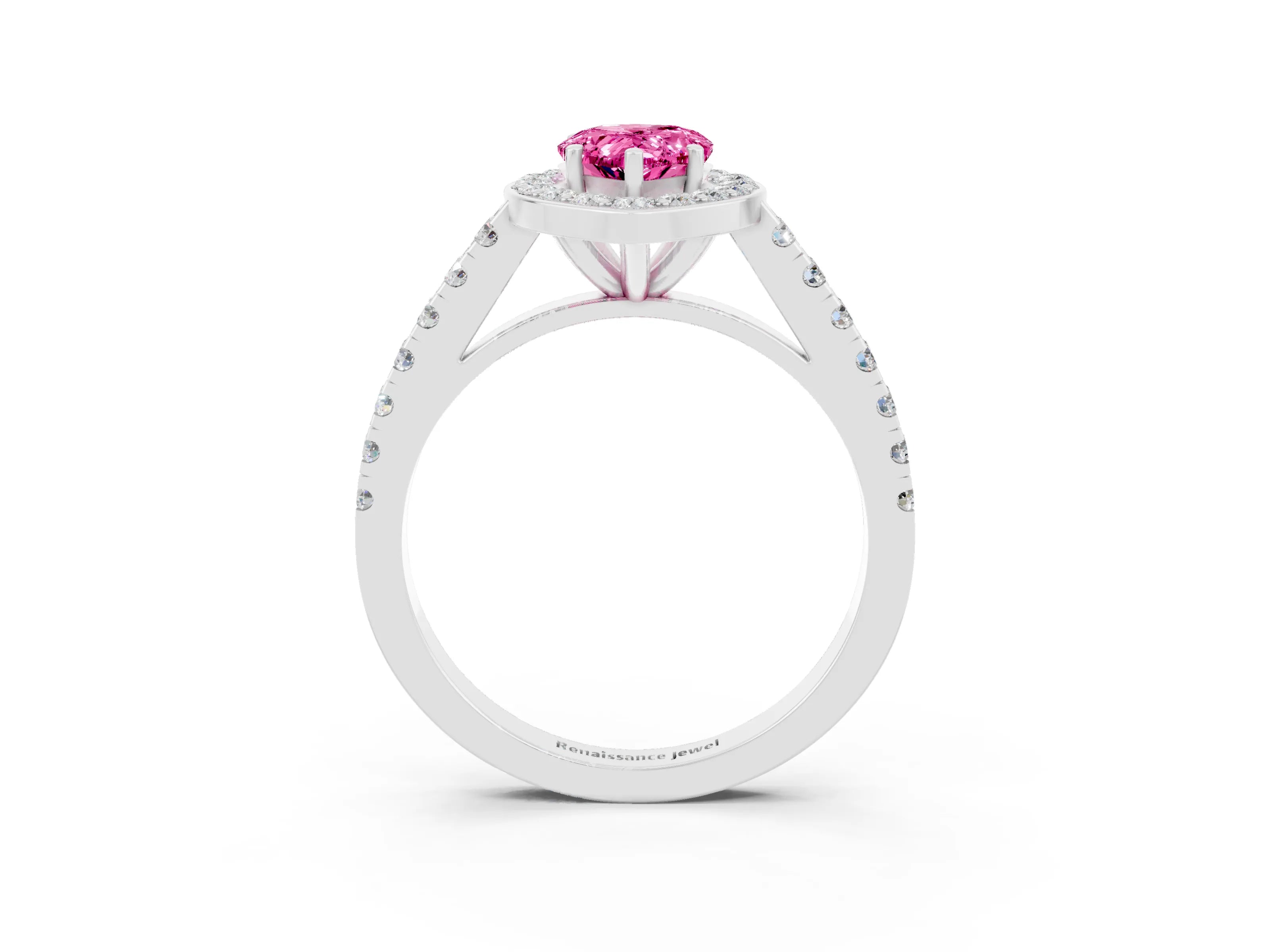 White gold Pear Cut Halo Diamond Ring with Pavé Band and Three-Prong Setting_3