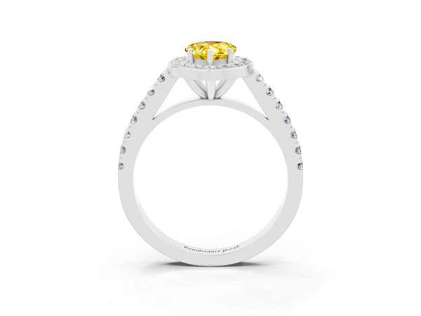 Platinum Pear Cut Yellow Sapphire Halo Ring with Round Pavé Split Shank and Prong Setting
