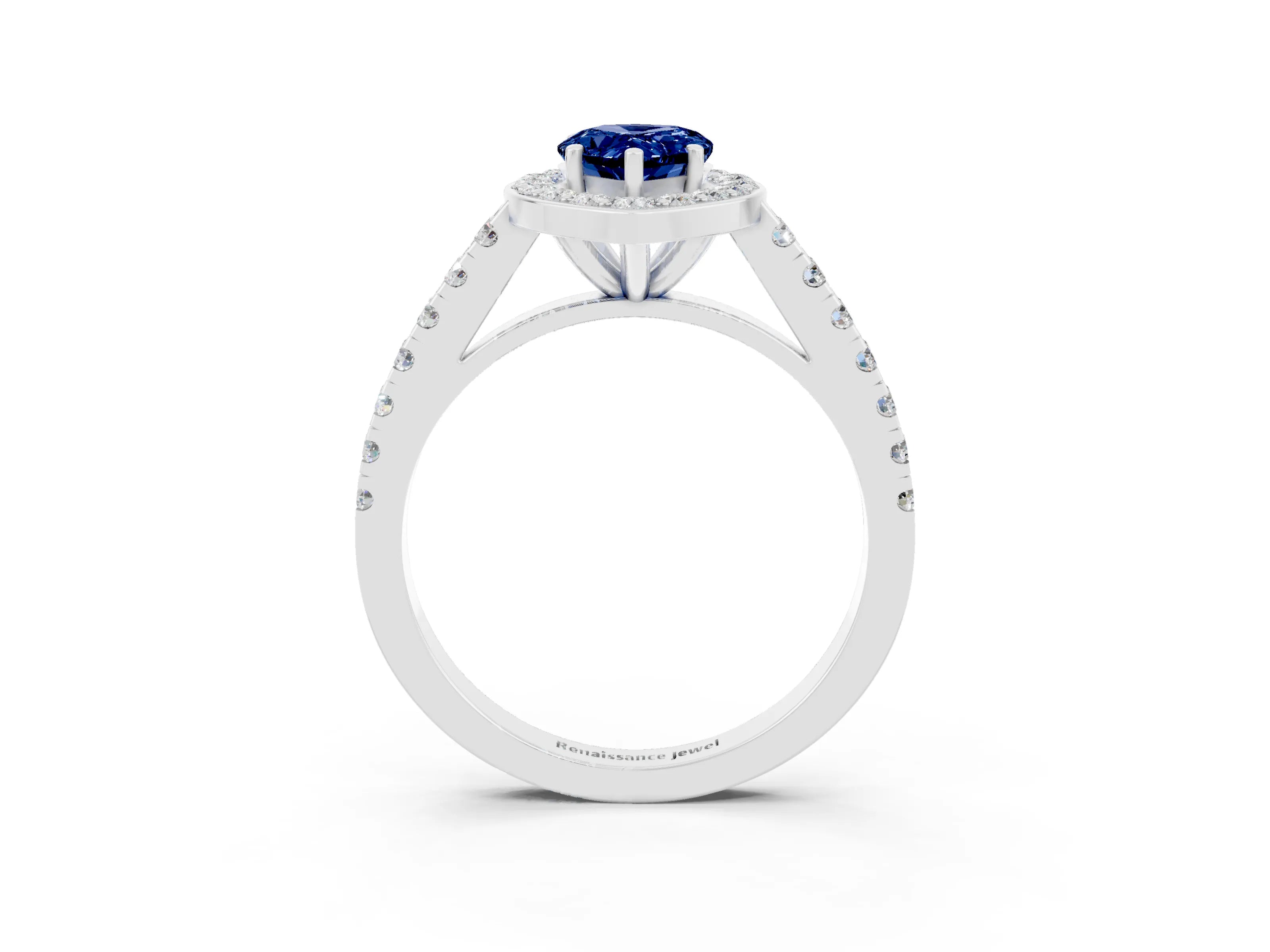 White gold Pear Cut Halo Diamond Ring with Pavé Band and Three-Prong Setting_3
