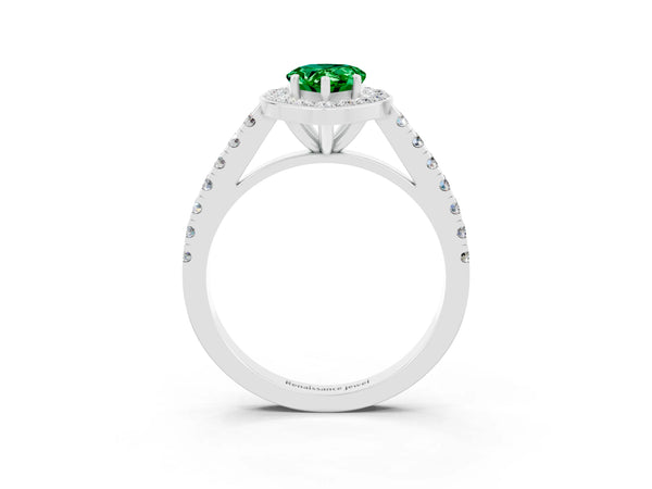 Platinum Pear Cut Emerald Halo Ring with Round Pavé Split Shank and Prong Setting