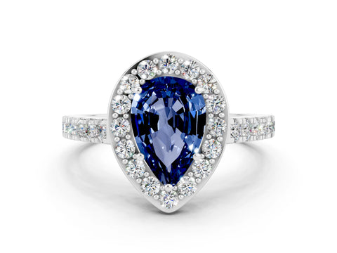 White gold Pear Cut Halo Diamond Ring with Pavé Band and Three-Prong Setting