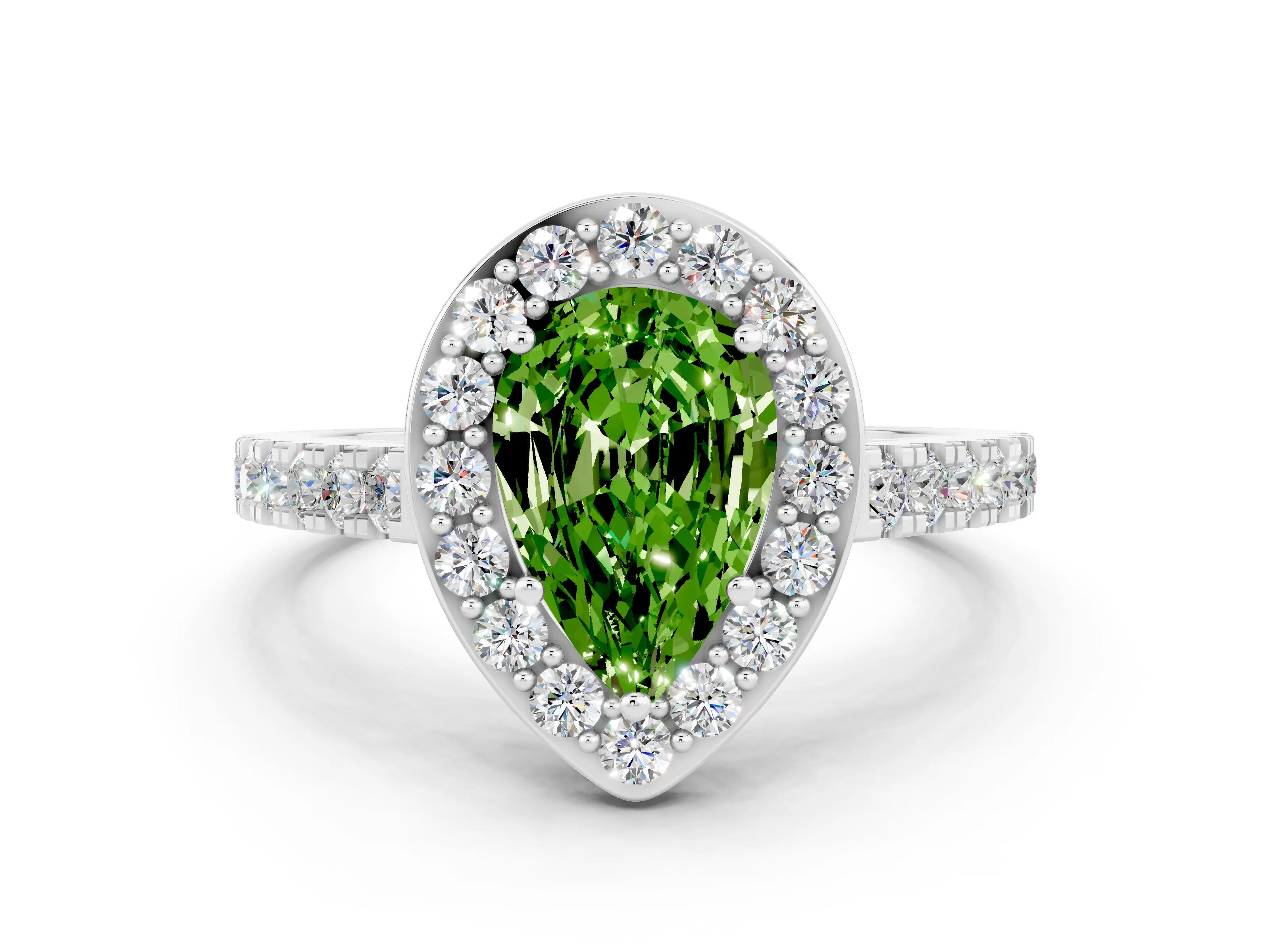 White gold Pear Cut Halo Diamond Ring with Pavé Band and Three-Prong Setting