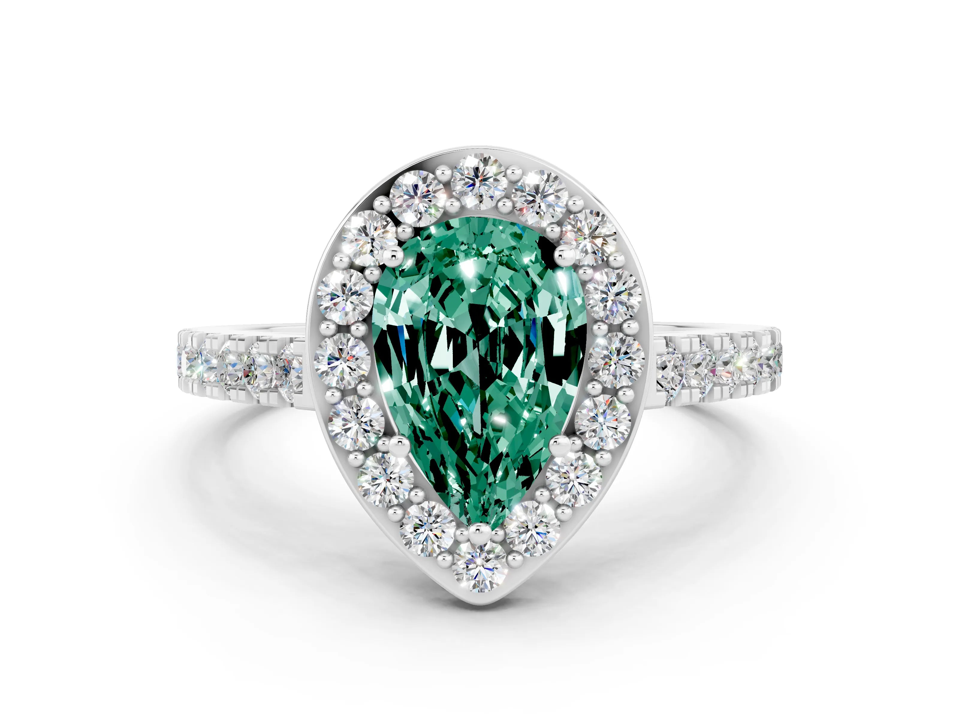 White gold Pear Cut Halo Diamond Ring with Pavé Band and Three-Prong Setting