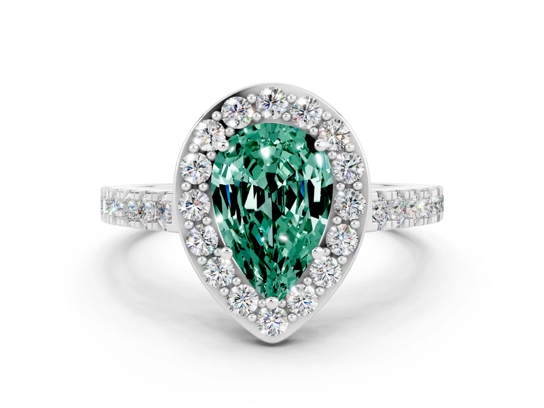White gold Pear Cut Halo Diamond Ring with Pavé Band and Three-Prong Setting