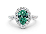 White gold Pear Cut Halo Diamond Ring with Pavé Band and Three-Prong Setting