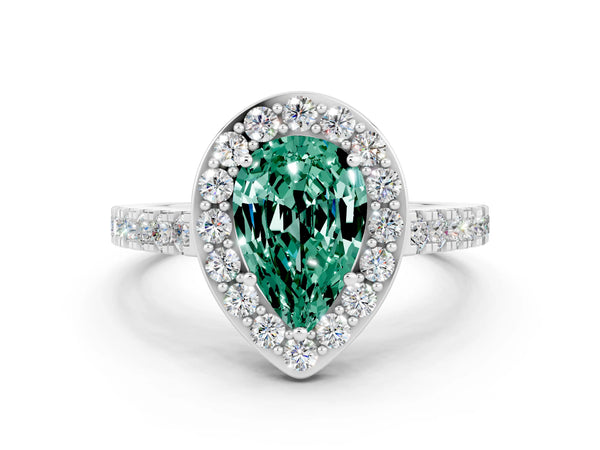 White gold Pear Cut Green Sapphire Halo Ring with Round Pavé Split Shank and Prong Setting