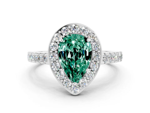 White gold Pear Cut Halo Diamond Ring with Pavé Band and Three-Prong Setting