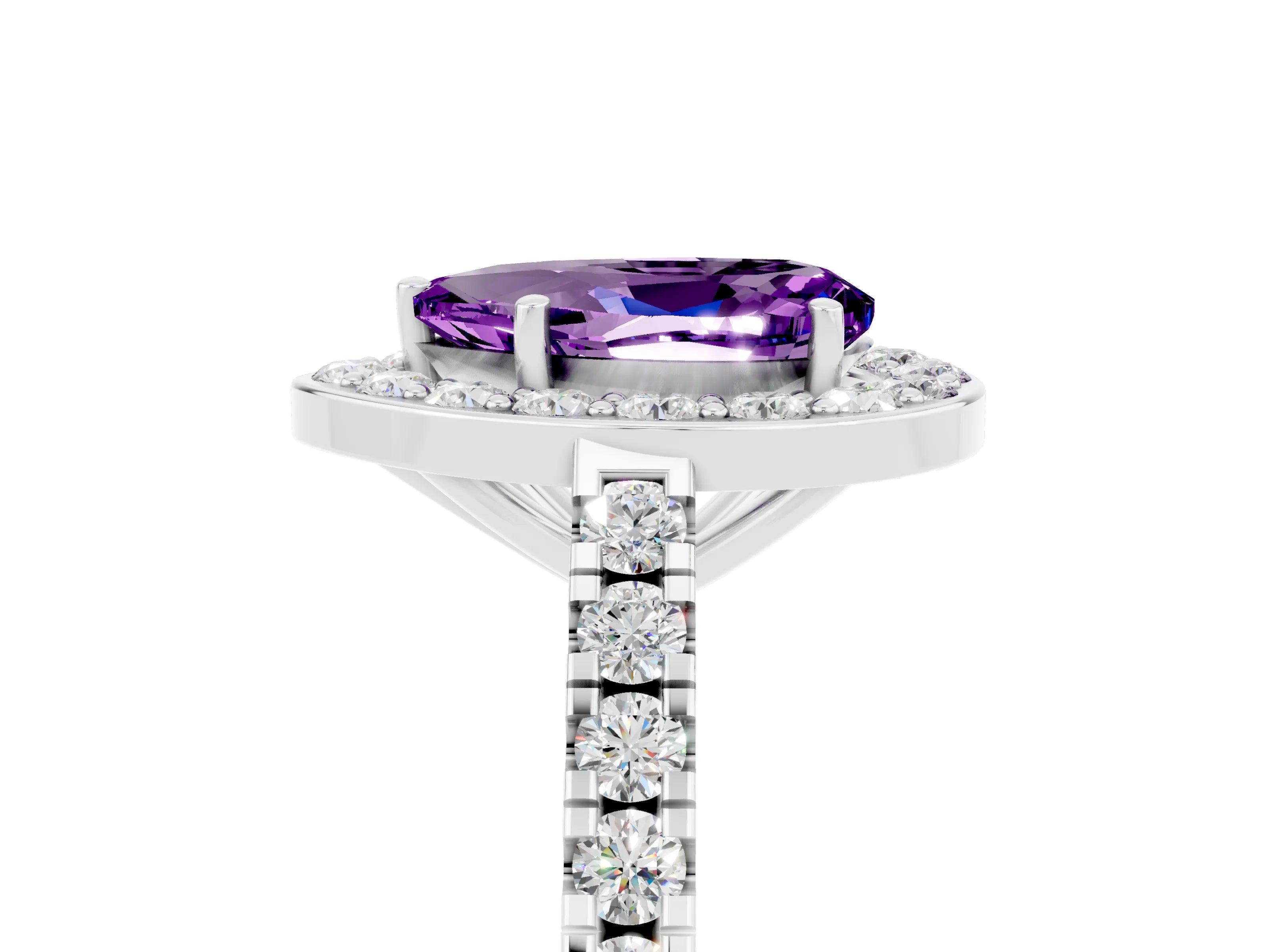 White gold Pear Cut Halo Diamond Ring with Pavé Band and Three-Prong Setting_5
