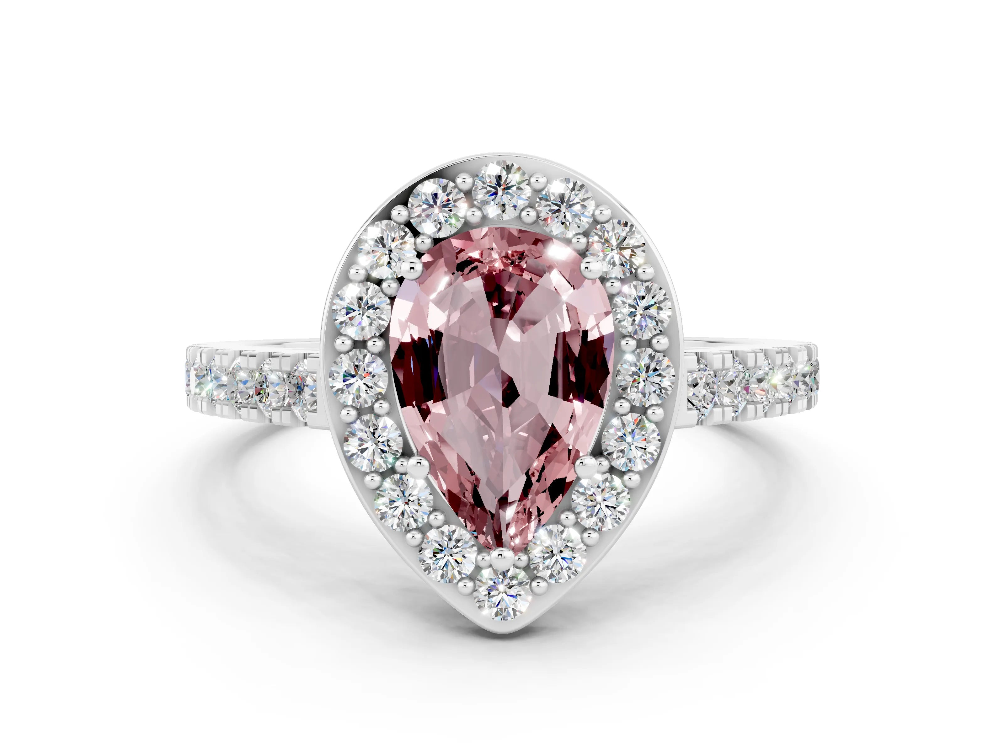 White gold Pear Cut Halo Diamond Ring with Pavé Band and Three-Prong Setting_6