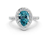 White gold Pear Cut Halo Diamond Ring with Pavé Band and Three-Prong Setting