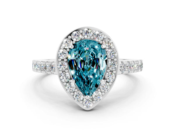 Silver Pear Cut Halo Diamond Ring with Pavé Band and Three-Prong Setting