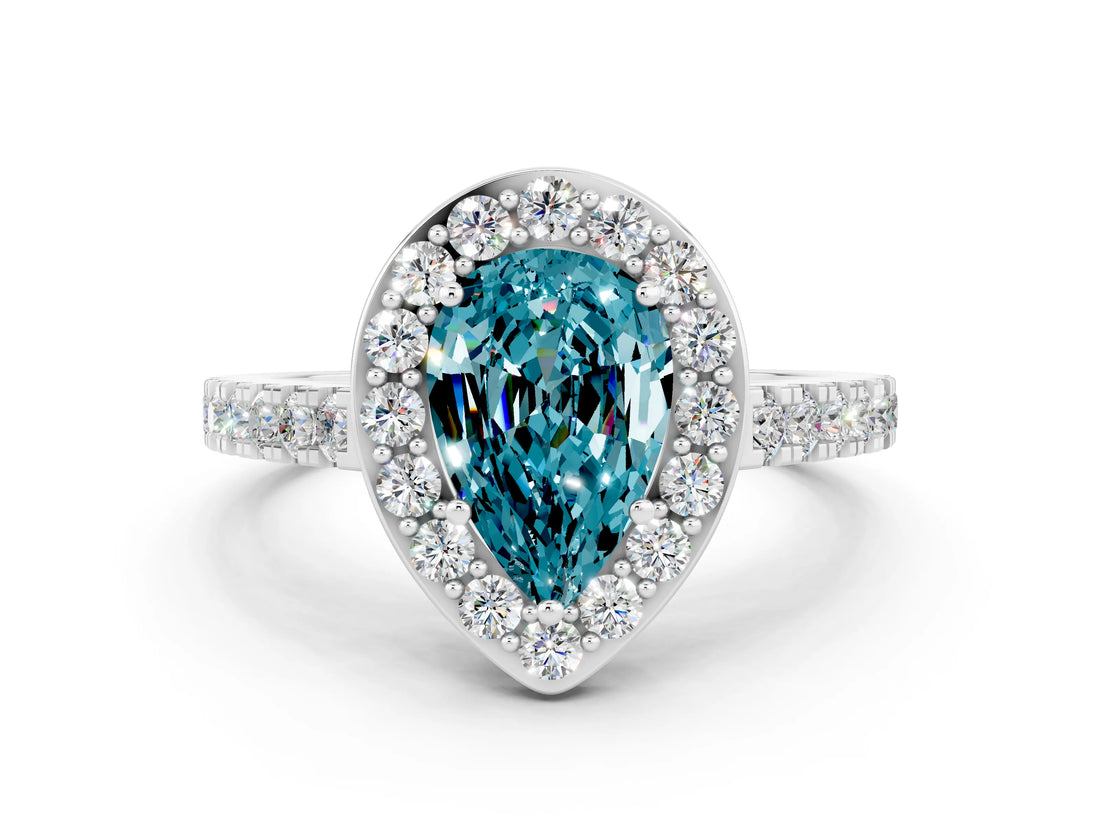 White gold Pear Cut Halo Diamond Ring with Pavé Band and Three-Prong Setting