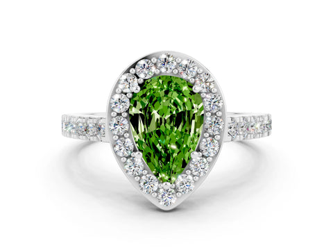 White gold Pear Cut Halo Diamond Ring with Pavé Band and Three-Prong Setting