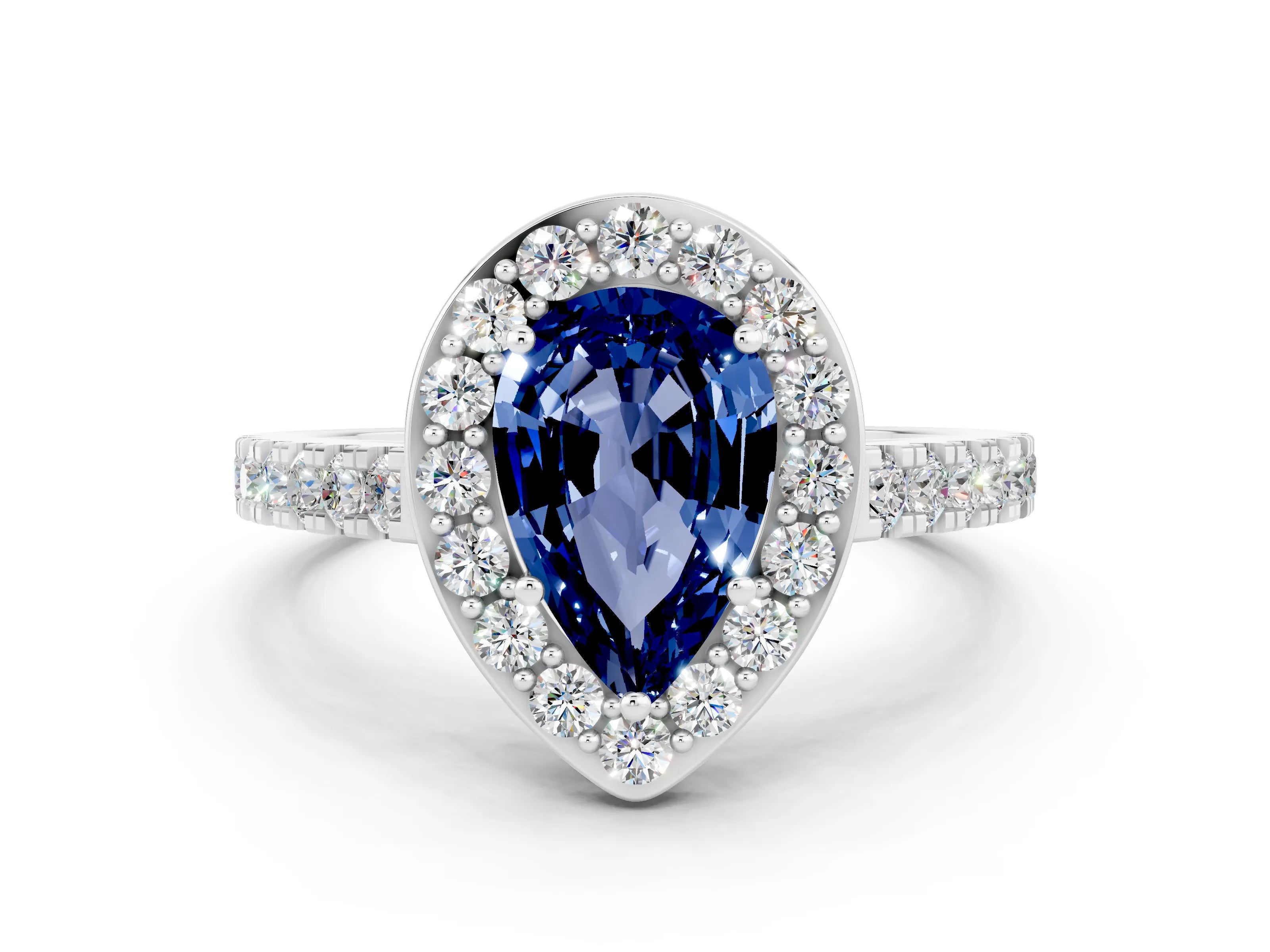 White gold Pear Cut Halo Diamond Ring with Pavé Band and Three-Prong Setting
