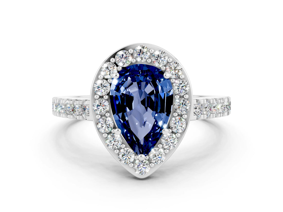 White gold Pear Cut Halo Diamond Ring with Pavé Band and Three-Prong Setting