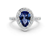 White gold Pear Cut Halo Diamond Ring with Pavé Band and Three-Prong Setting