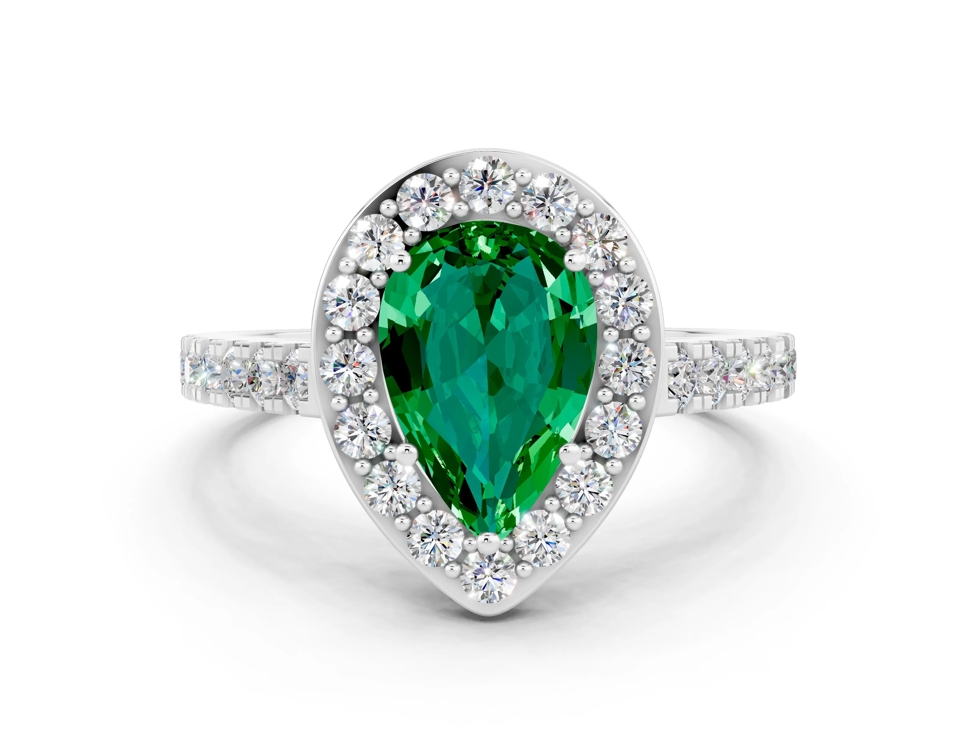 White gold Pear Cut Halo Diamond Ring with Pavé Band and Three-Prong Setting