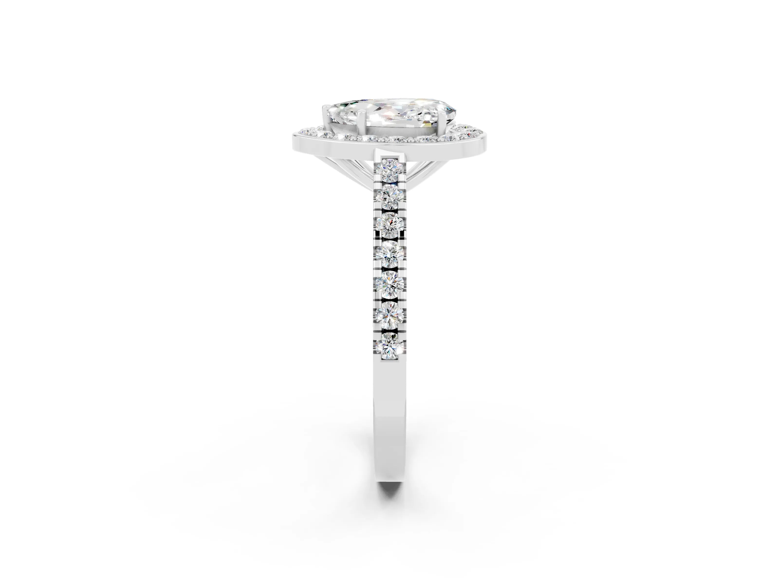 White gold Pear Cut Halo Diamond Ring with Pavé Band and Three-Prong Setting_8