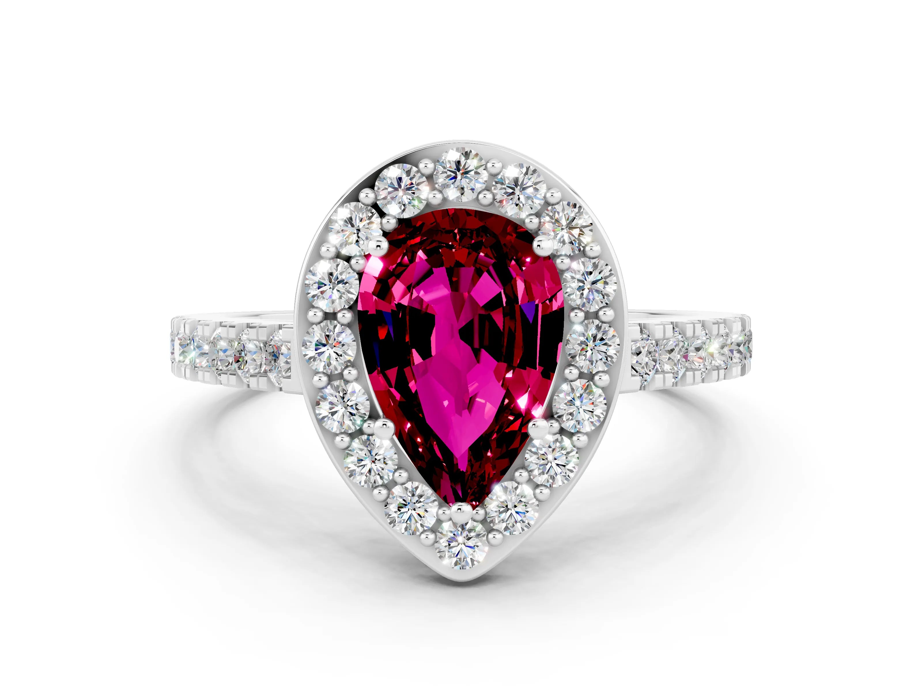 White gold Pear Cut Halo Diamond Ring with Pavé Band and Three-Prong Setting