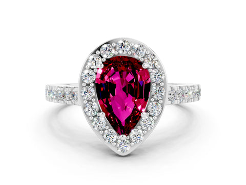 White gold Pear Cut Halo Diamond Ring with Pavé Band and Three-Prong Setting