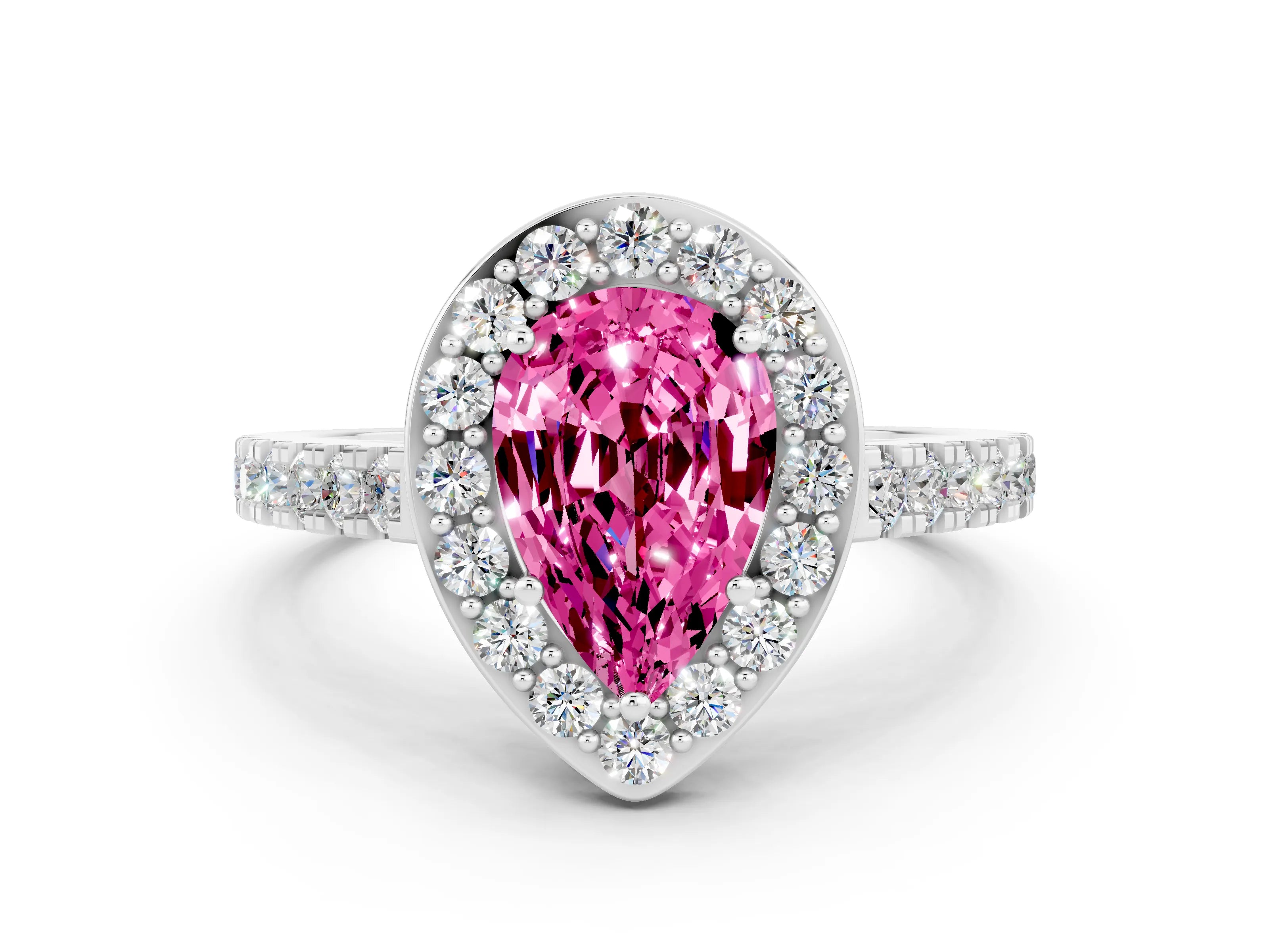 White gold Pear Cut Halo Diamond Ring with Pavé Band and Three-Prong Setting