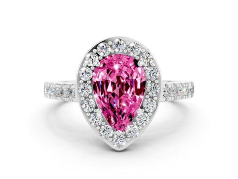 White gold Pear Cut Halo Diamond Ring with Pavé Band and Three-Prong Setting