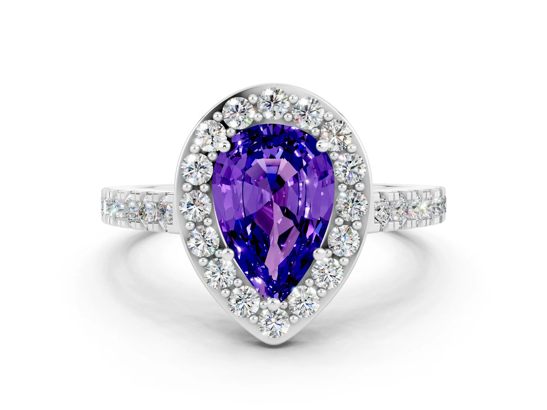 White gold Pear Cut Halo Diamond Ring with Pavé Band and Three-Prong Setting