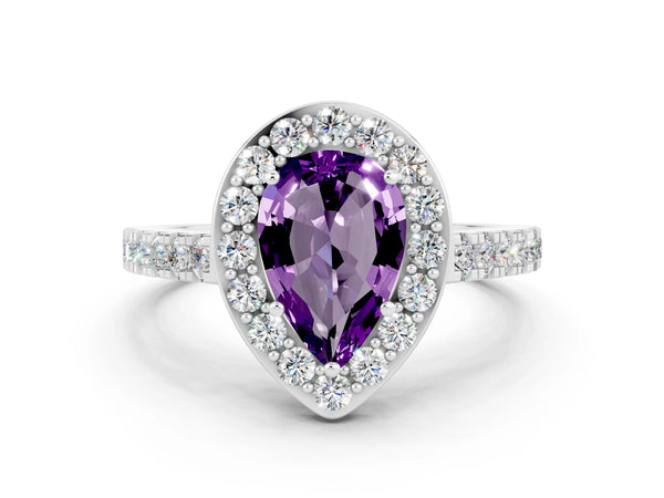 Platinum Pear Cut Amethyst Halo Ring with Round Pavé Split Shank and Prong Setting