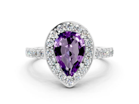 White gold Pear Cut Halo Diamond Ring with Pavé Band and Three-Prong Setting