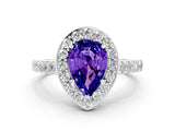 White gold Pear Cut Halo Diamond Ring with Pavé Band and Three-Prong Setting