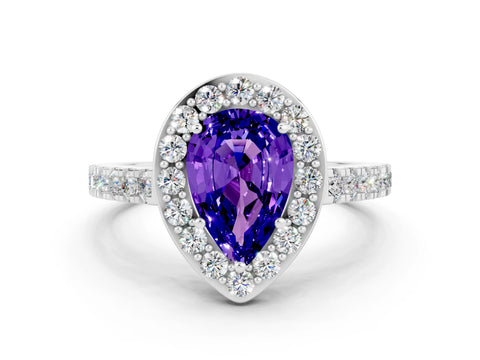 White gold Pear Cut Halo Diamond Ring with Pavé Band and Three-Prong Setting