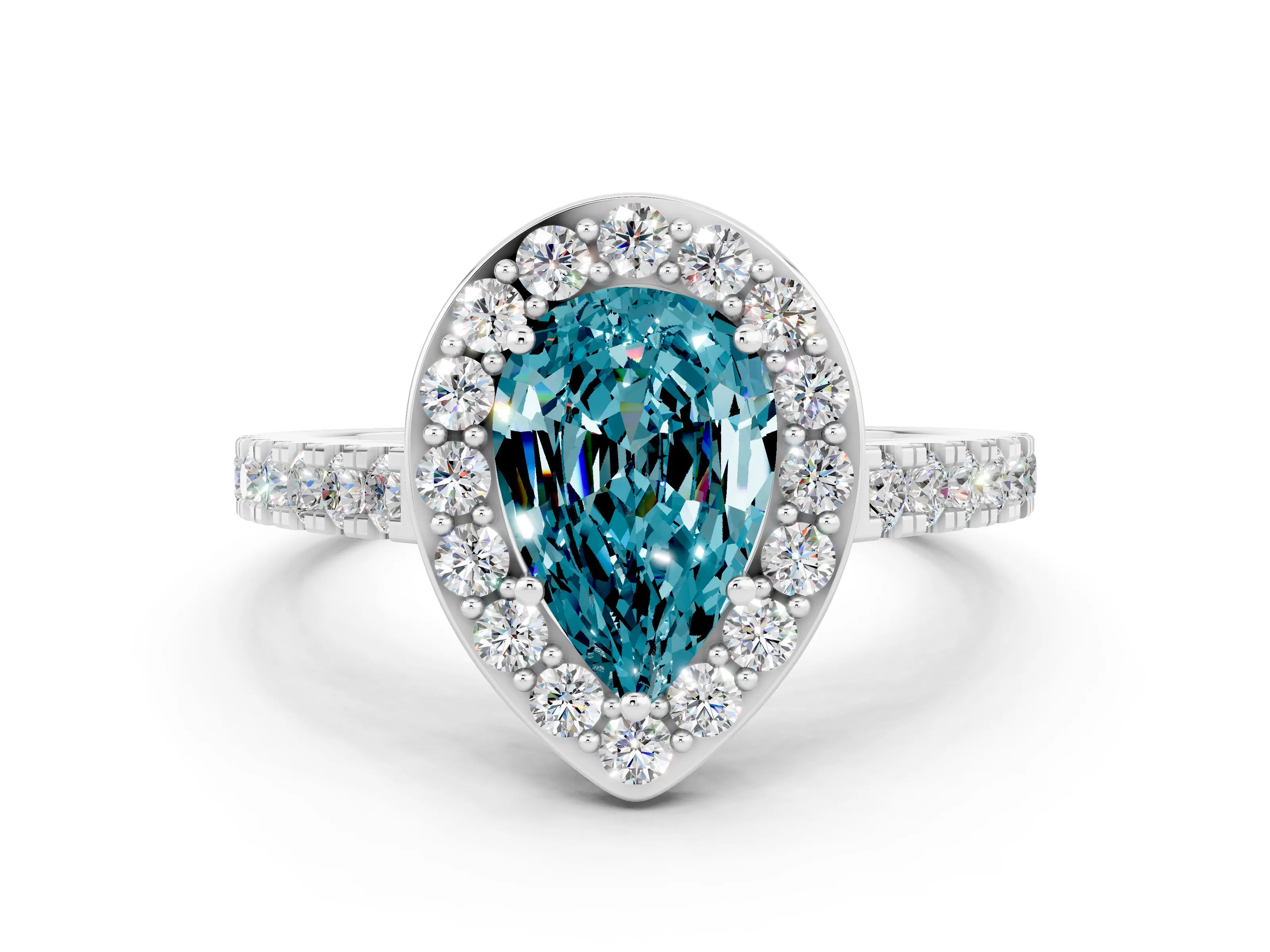White gold Pear Cut Halo Diamond Ring with Pavé Band and Three-Prong Setting