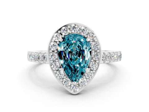 White gold Pear Cut Halo Diamond Ring with Pavé Band and Three-Prong Setting