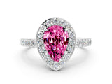 White gold Pear Cut Halo Diamond Ring with Pavé Band and Three-Prong Setting
