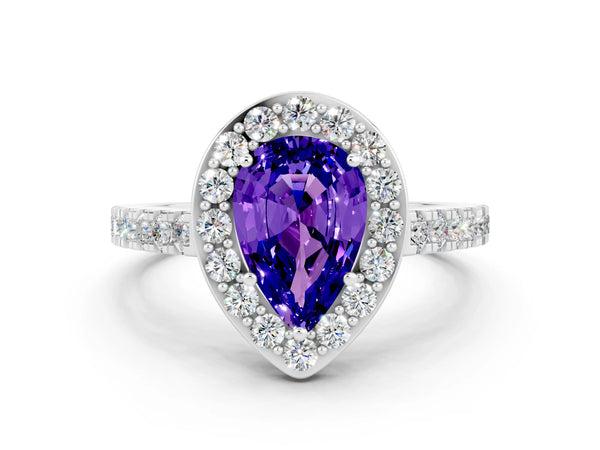 Silver Pear Cut Tanzanite Halo Ring with Round Pavé Split Shank and Prong Setting