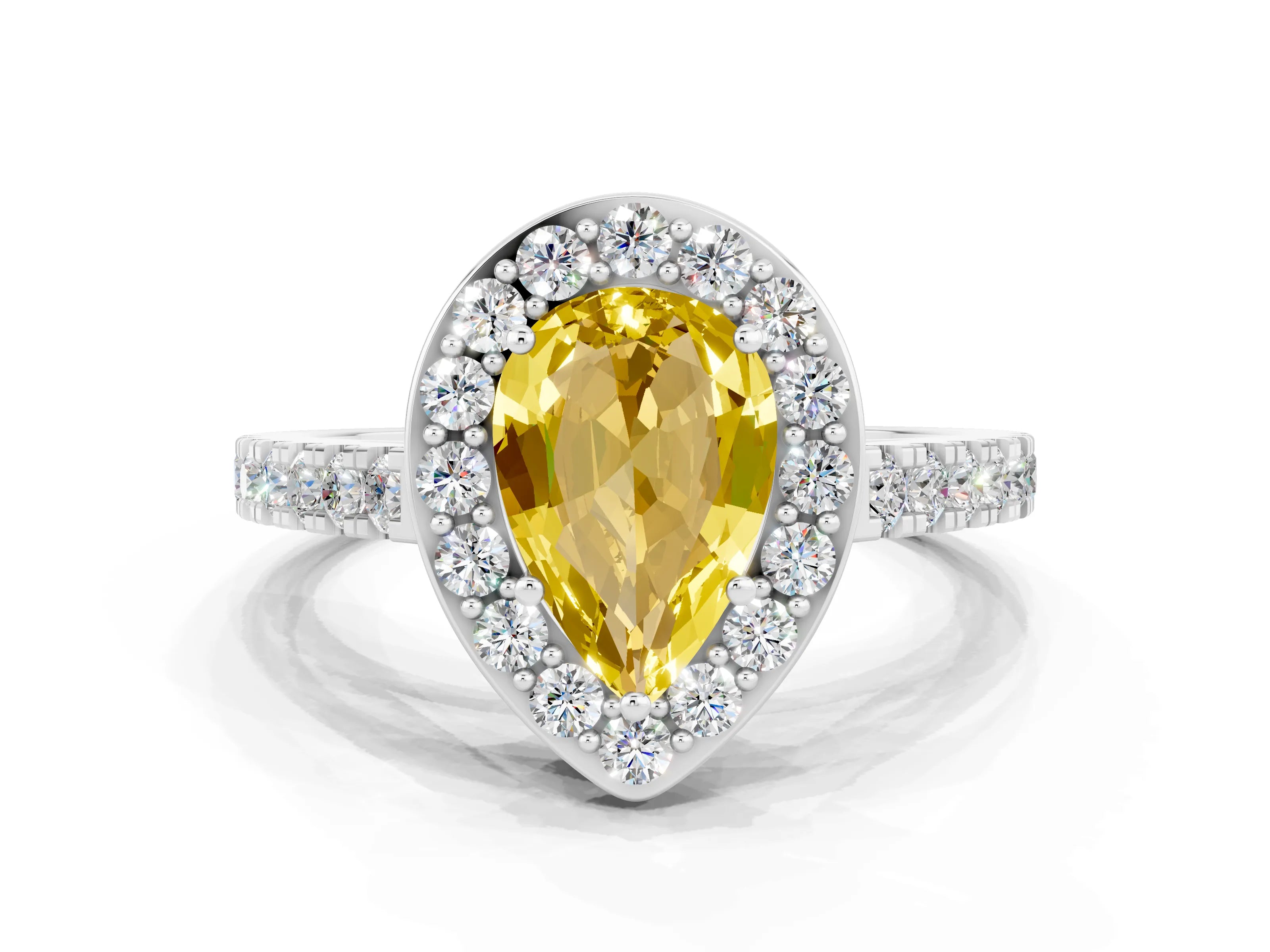 White gold Pear Cut Halo Diamond Ring with Pavé Band and Three-Prong Setting