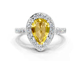 White gold Pear Cut Halo Diamond Ring with Pavé Band and Three-Prong Setting