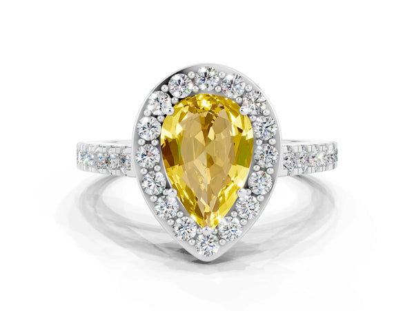 Platinum Pear Cut Yellow Sapphire Halo Ring with Round Pavé Split Shank and Prong Setting